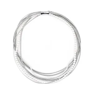 Piano Wire & Pearl Strands Necklace, Silver