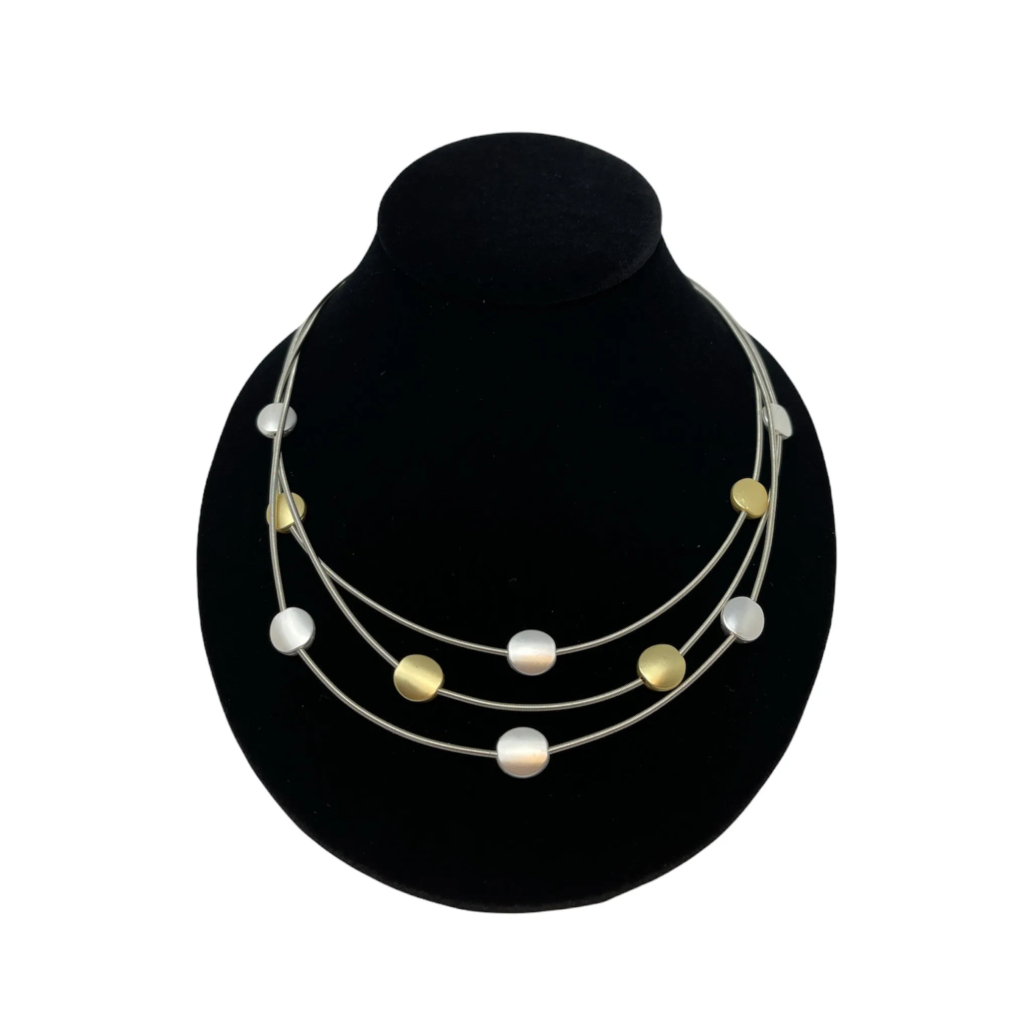 Piano Wire Necklace with Gold & Silver Discs