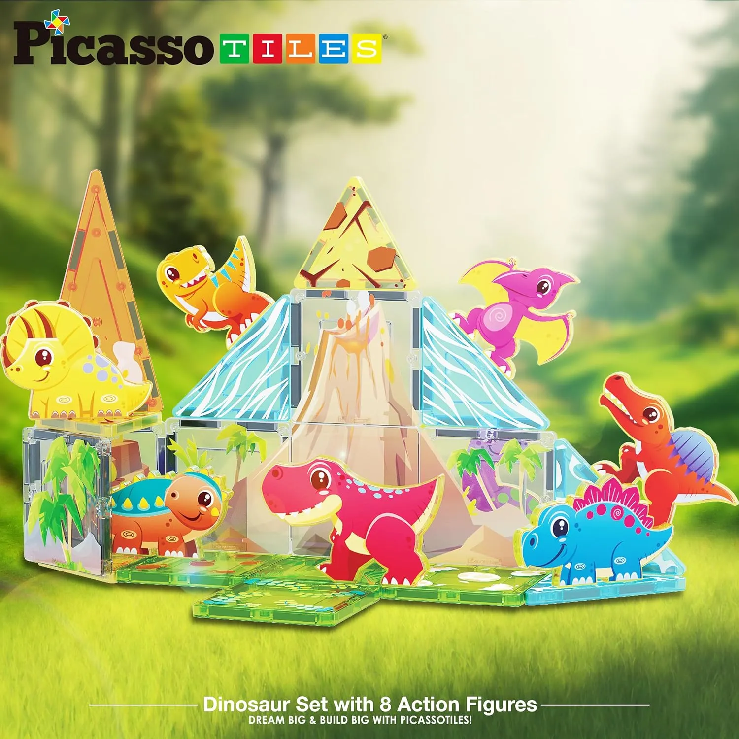 PicassoTiles Magnet Tile Building Blocks Dinosaur World Themed Playset with 8 Animal Character Action Figures Magnetic Tiles STEM Learning Pretend Play Toy Construction Set Boys Girls Ages 3  PTQ23
