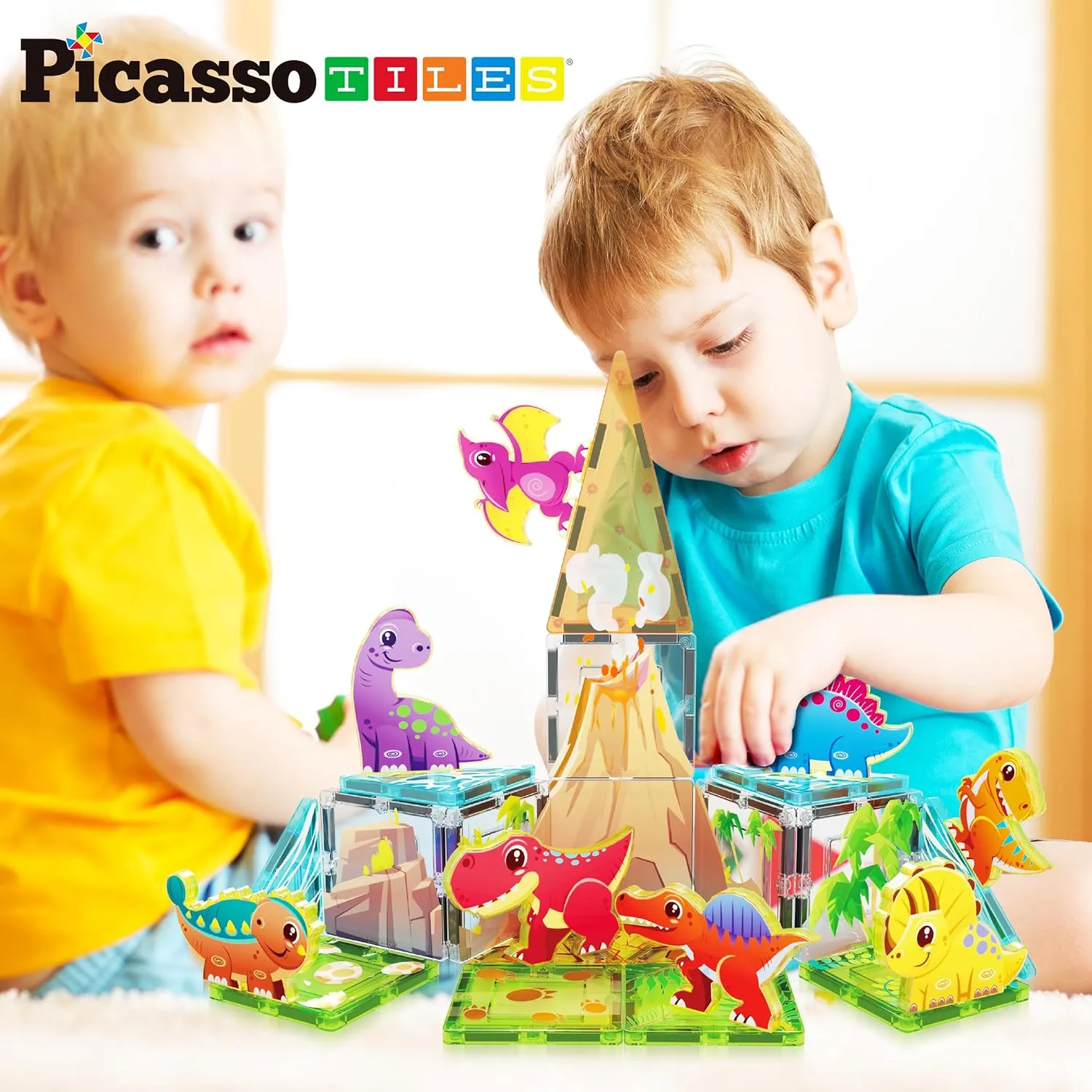 PicassoTiles Magnet Tile Building Blocks Dinosaur World Themed Playset with 8 Animal Character Action Figures Magnetic Tiles STEM Learning Pretend Play Toy Construction Set Boys Girls Ages 3  PTQ23