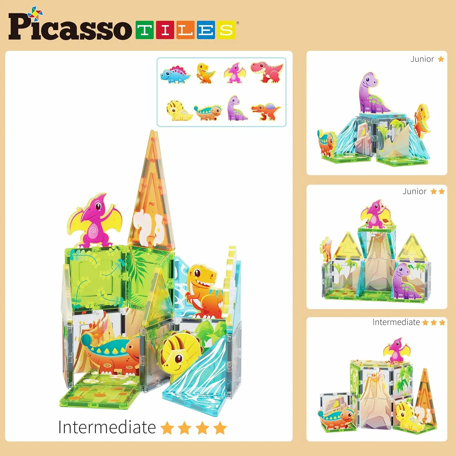PicassoTiles Magnet Tile Building Blocks Dinosaur World Themed Playset with 8 Animal Character Action Figures Magnetic Tiles STEM Learning Pretend Play Toy Construction Set Boys Girls Ages 3  PTQ23