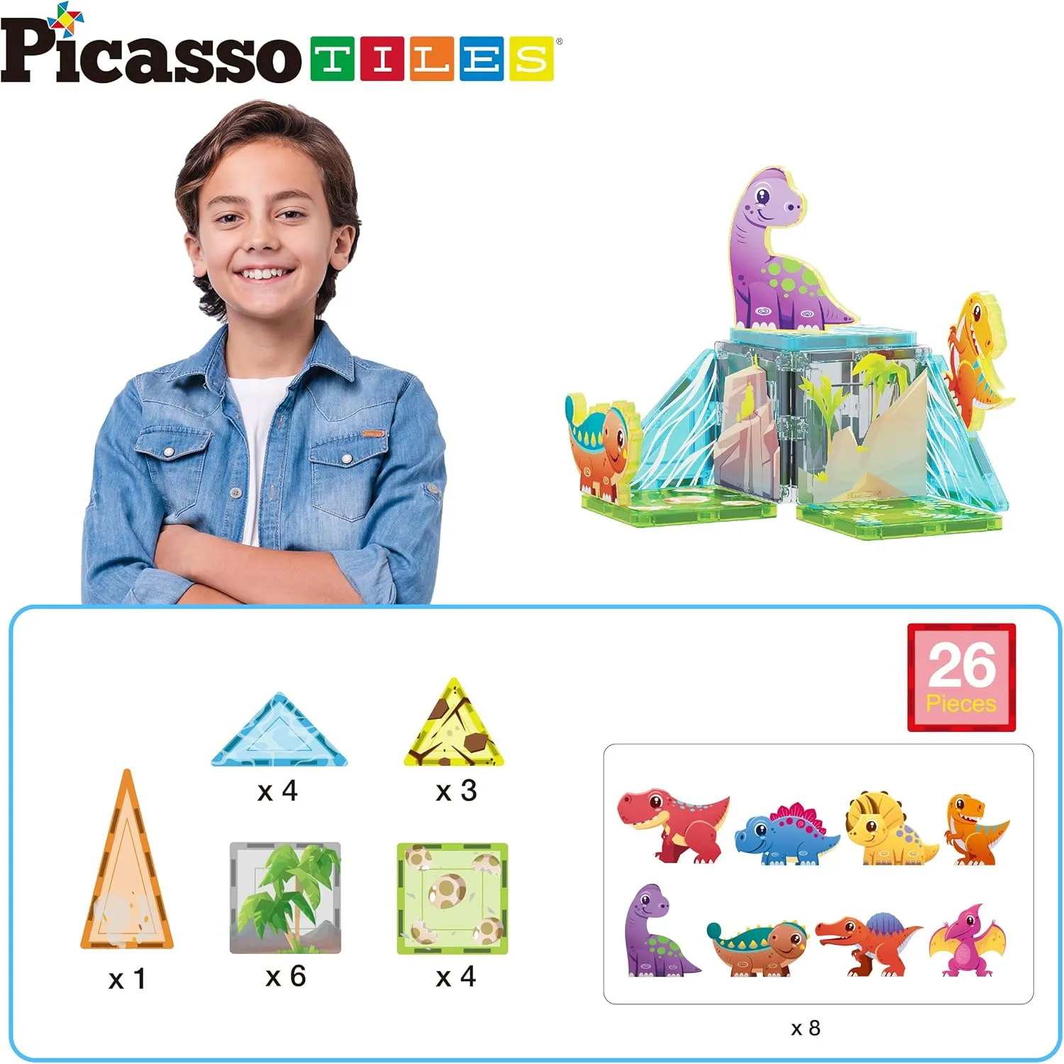 PicassoTiles Magnet Tile Building Blocks Dinosaur World Themed Playset with 8 Animal Character Action Figures Magnetic Tiles STEM Learning Pretend Play Toy Construction Set Boys Girls Ages 3  PTQ23