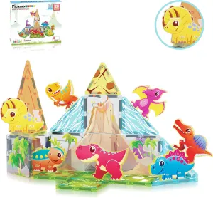PicassoTiles Magnet Tile Building Blocks Dinosaur World Themed Playset with 8 Animal Character Action Figures Magnetic Tiles STEM Learning Pretend Play Toy Construction Set Boys Girls Ages 3  PTQ23