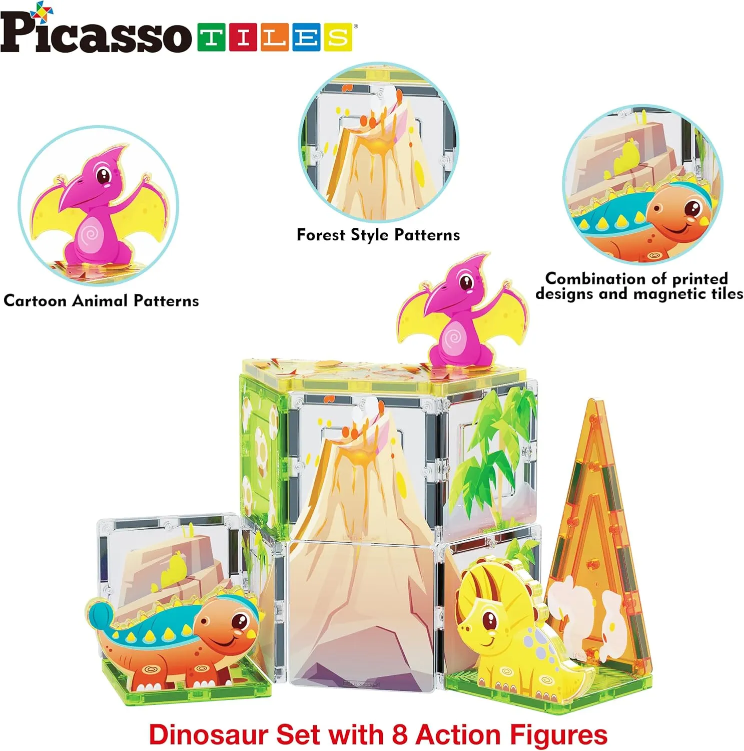 PicassoTiles Magnet Tile Building Blocks Dinosaur World Themed Playset with 8 Animal Character Action Figures Magnetic Tiles STEM Learning Pretend Play Toy Construction Set Boys Girls Ages 3  PTQ23