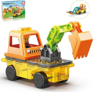 PicassoTiles Magnet Tiles Building Block 2-in-1 Excavator & Backhoe Brick Compatible Construction Playset with Car Base Magnetic Character Action Figure STEM Educational Learning Toy Kit Age 3  PTU04