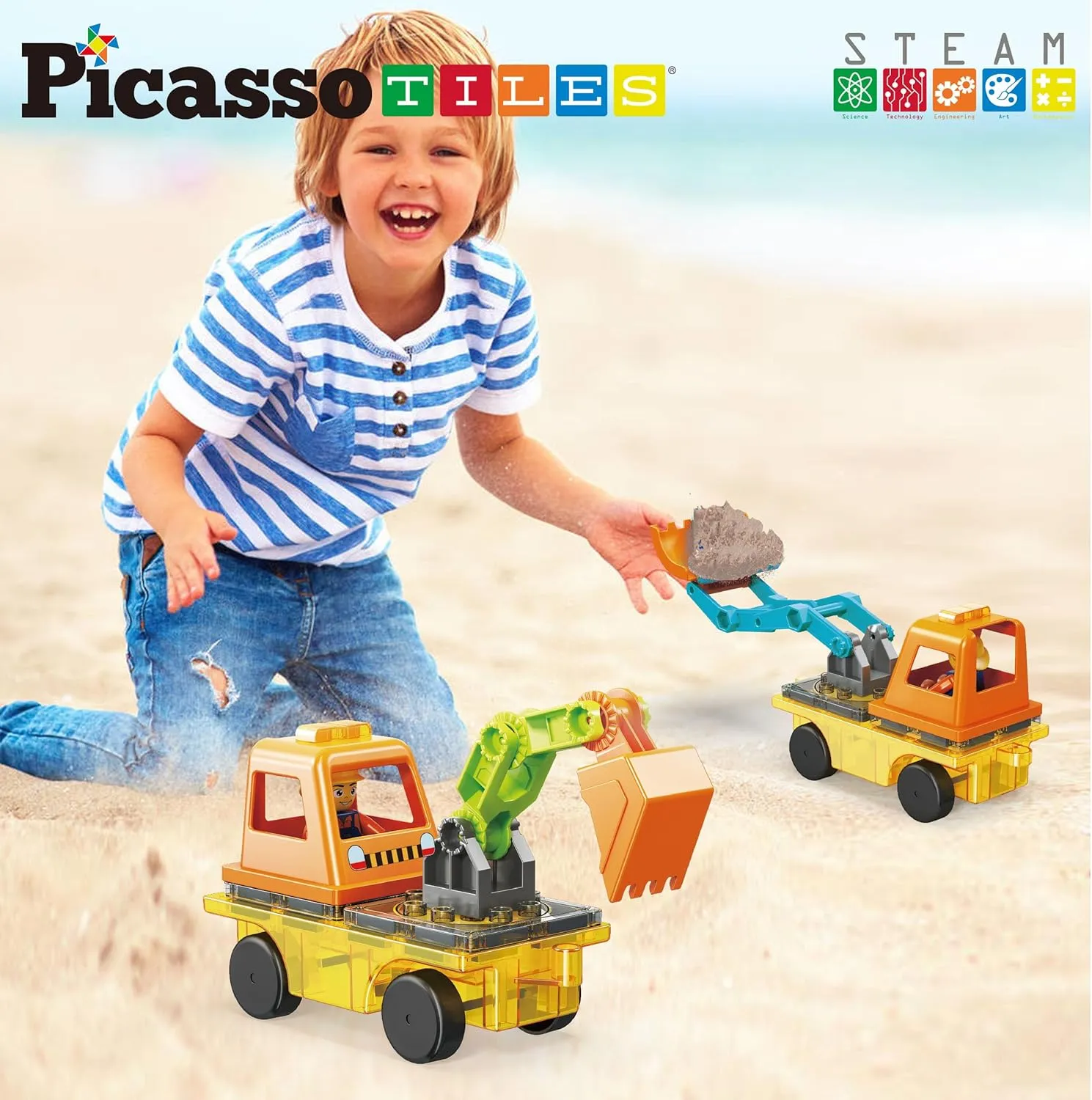 PicassoTiles Magnet Tiles Building Block 2-in-1 Excavator & Backhoe Brick Compatible Construction Playset with Car Base Magnetic Character Action Figure STEM Educational Learning Toy Kit Age 3  PTU04