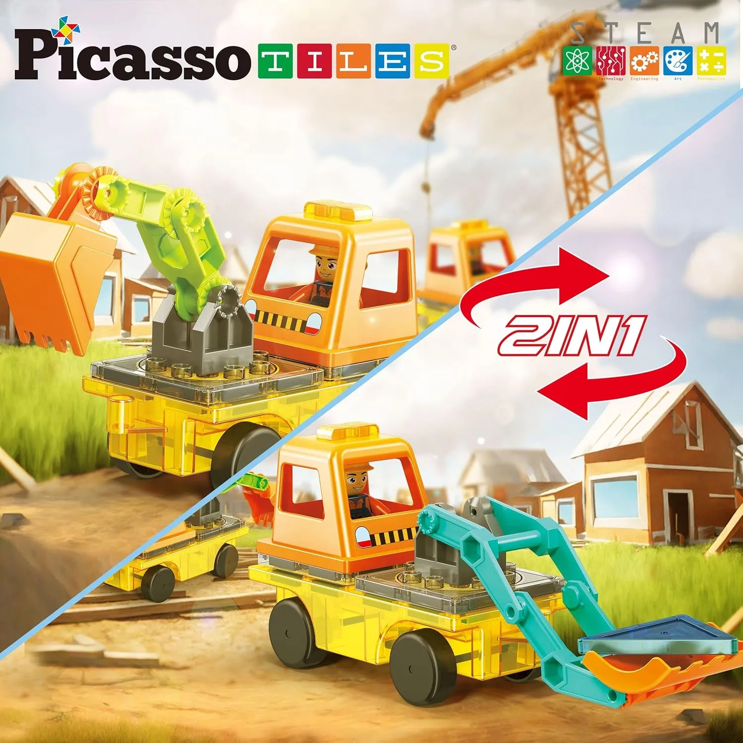 PicassoTiles Magnet Tiles Building Block 2-in-1 Excavator & Backhoe Brick Compatible Construction Playset with Car Base Magnetic Character Action Figure STEM Educational Learning Toy Kit Age 3  PTU04
