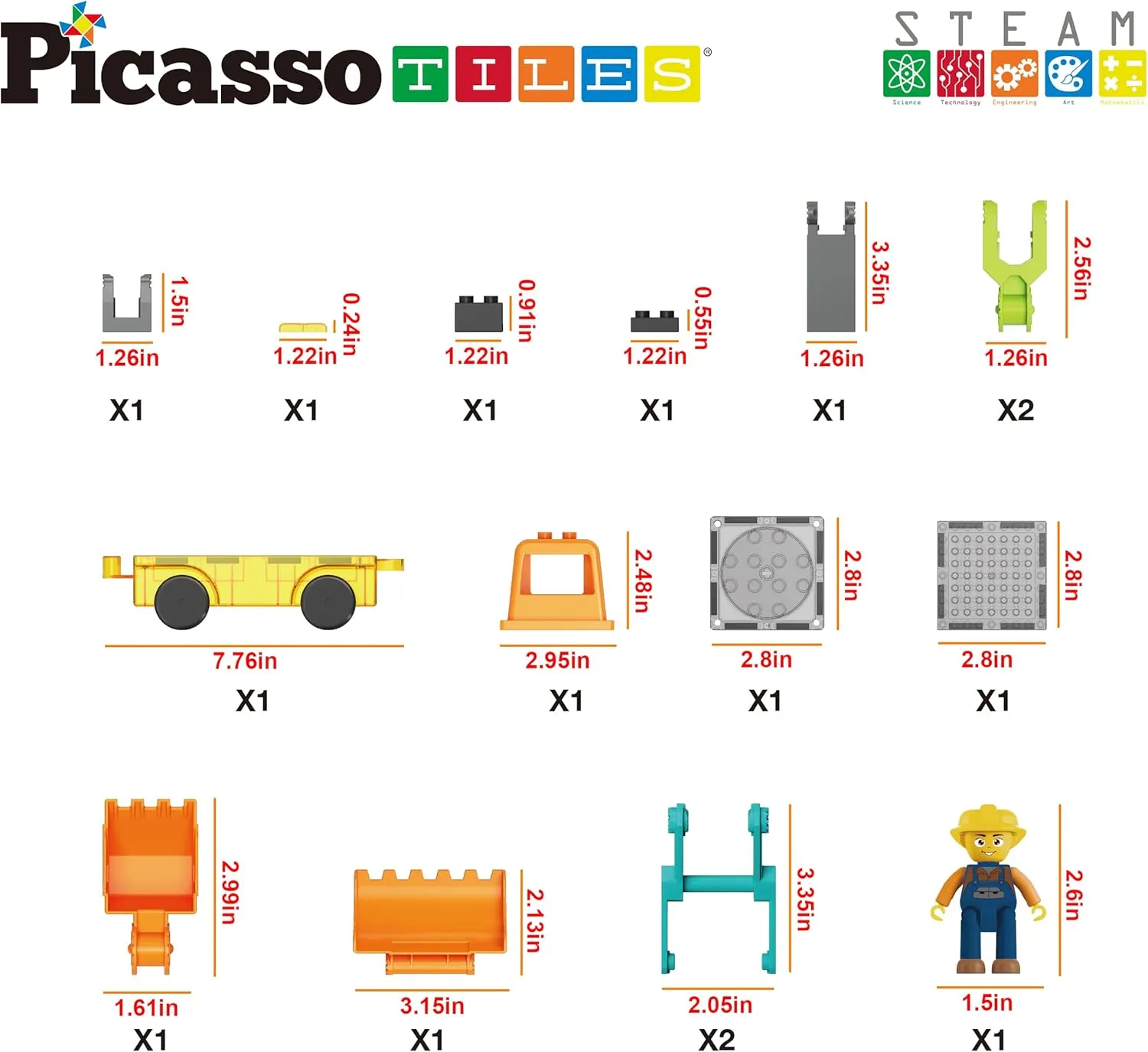 PicassoTiles Magnet Tiles Building Block 2-in-1 Excavator & Backhoe Brick Compatible Construction Playset with Car Base Magnetic Character Action Figure STEM Educational Learning Toy Kit Age 3  PTU04
