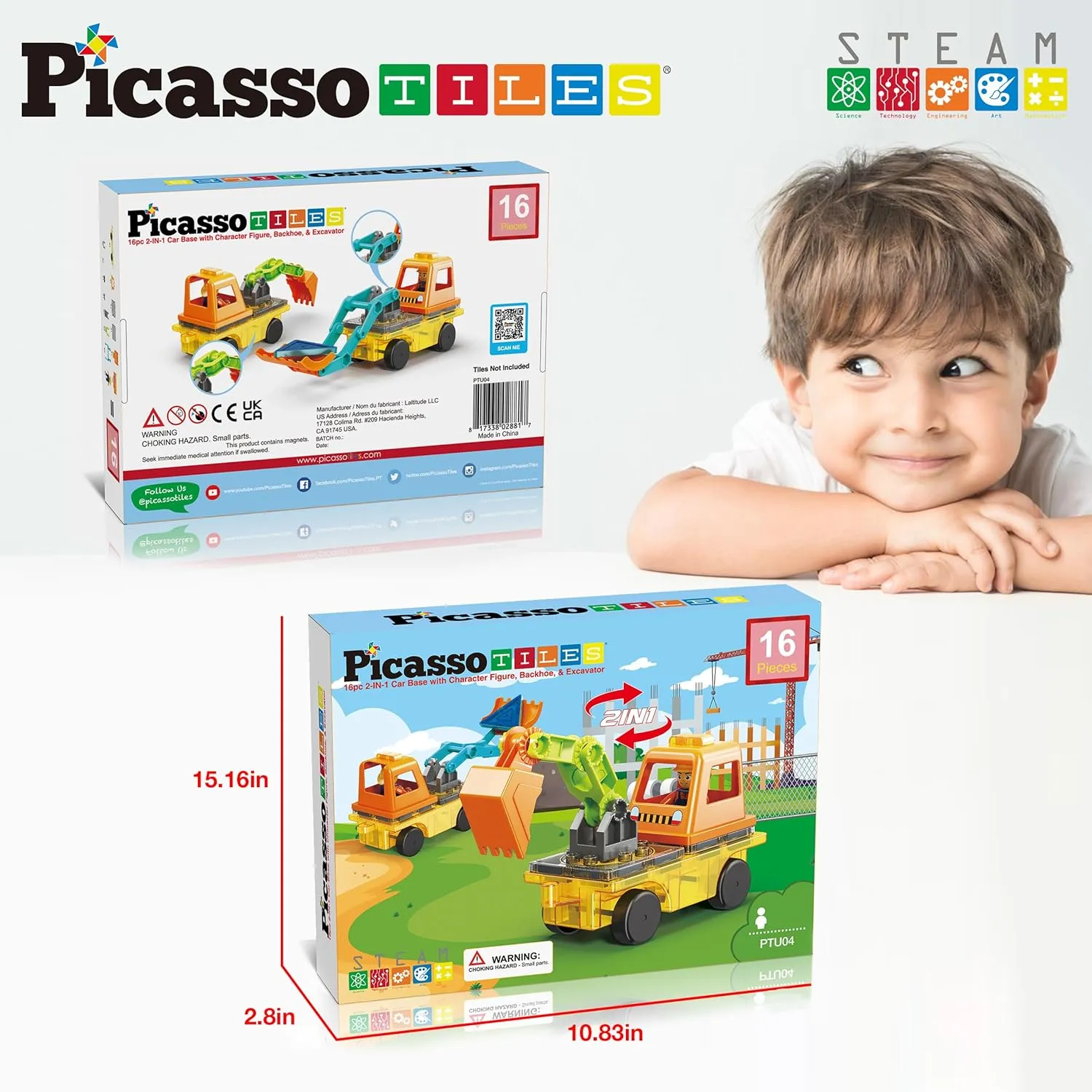PicassoTiles Magnet Tiles Building Block 2-in-1 Excavator & Backhoe Brick Compatible Construction Playset with Car Base Magnetic Character Action Figure STEM Educational Learning Toy Kit Age 3  PTU04