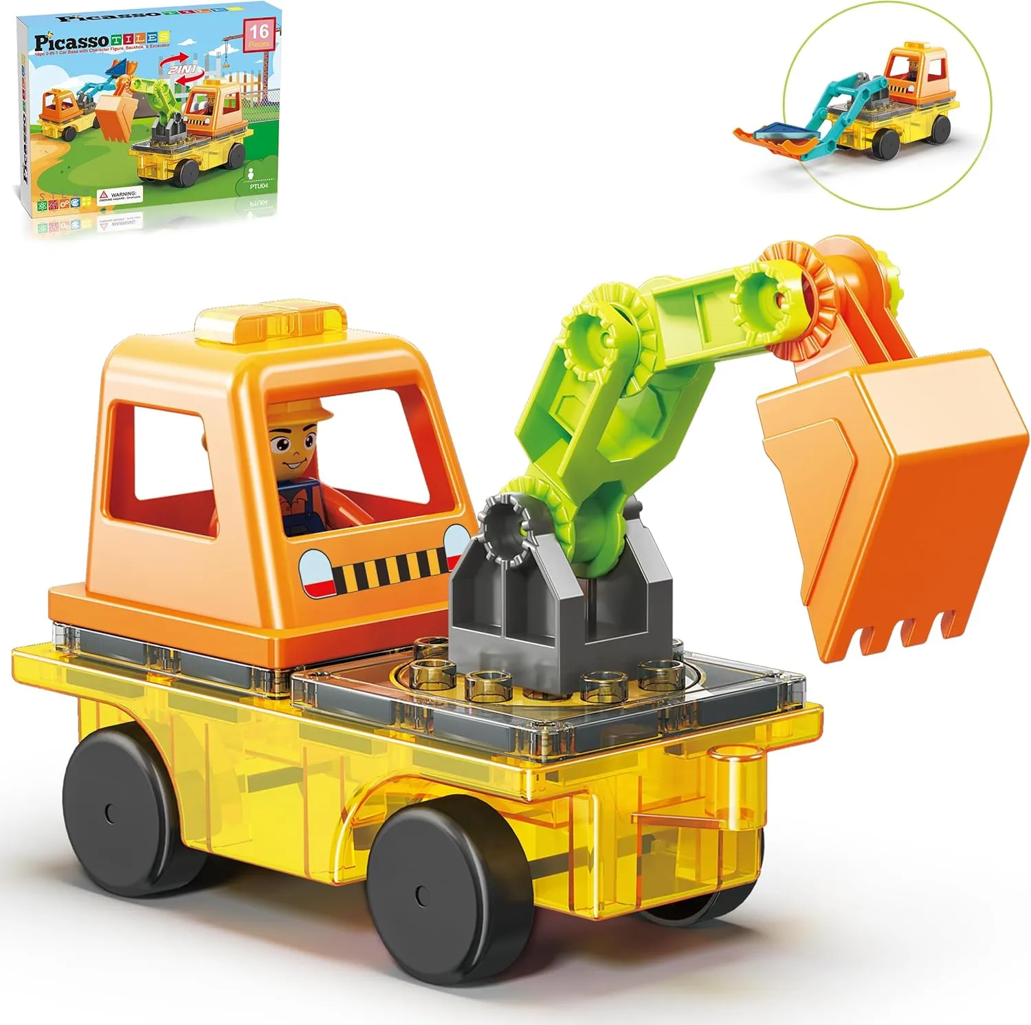 PicassoTiles Magnet Tiles Building Block 2-in-1 Excavator & Backhoe Brick Compatible Construction Playset with Car Base Magnetic Character Action Figure STEM Educational Learning Toy Kit Age 3  PTU04