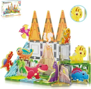 PicassoTiles Magnet Tiles Building Blocks Dinosaur Theme Set with 8 Magnetized Action Figures Magnetic Construction Build and Play Toys with Magnets STEM Learning Activities for Toddlers 3  PTQ13