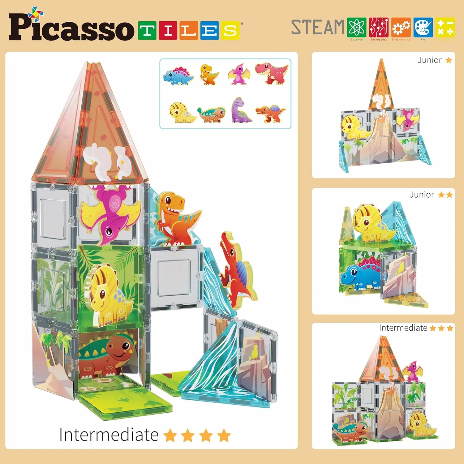PicassoTiles Magnet Tiles Building Blocks Dinosaur Theme Set with 8 Magnetized Action Figures Magnetic Construction Build and Play Toys with Magnets STEM Learning Activities for Toddlers 3  PTQ13