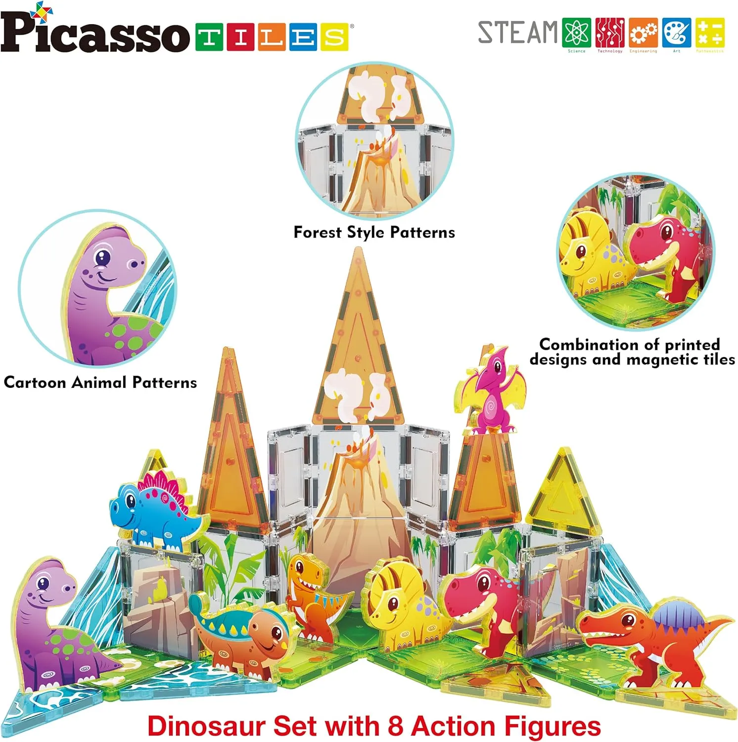 PicassoTiles Magnet Tiles Building Blocks Dinosaur Theme Set with 8 Magnetized Action Figures Magnetic Construction Build and Play Toys with Magnets STEM Learning Activities for Toddlers 3  PTQ13