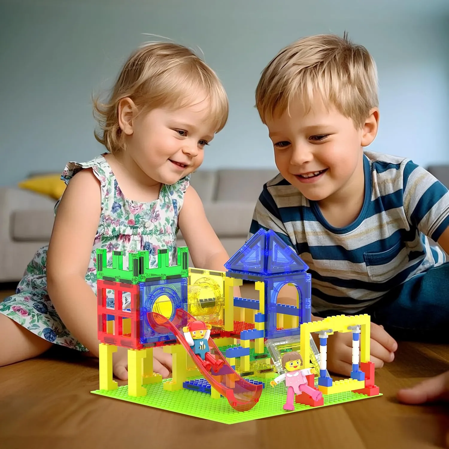 PicassoTiles Magnetic Tiles Slide & Swing Playground Building Block with 2 Character Action Figures Magnet Tile Construction Bricks Sensory Toys STEM Learning Educational Toy Kit Boy Girl Age 3  PTQ30