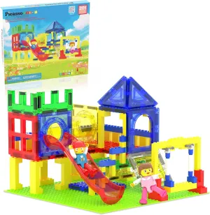 PicassoTiles Magnetic Tiles Slide & Swing Playground Building Block with 2 Character Action Figures Magnet Tile Construction Bricks Sensory Toys STEM Learning Educational Toy Kit Boy Girl Age 3  PTQ30