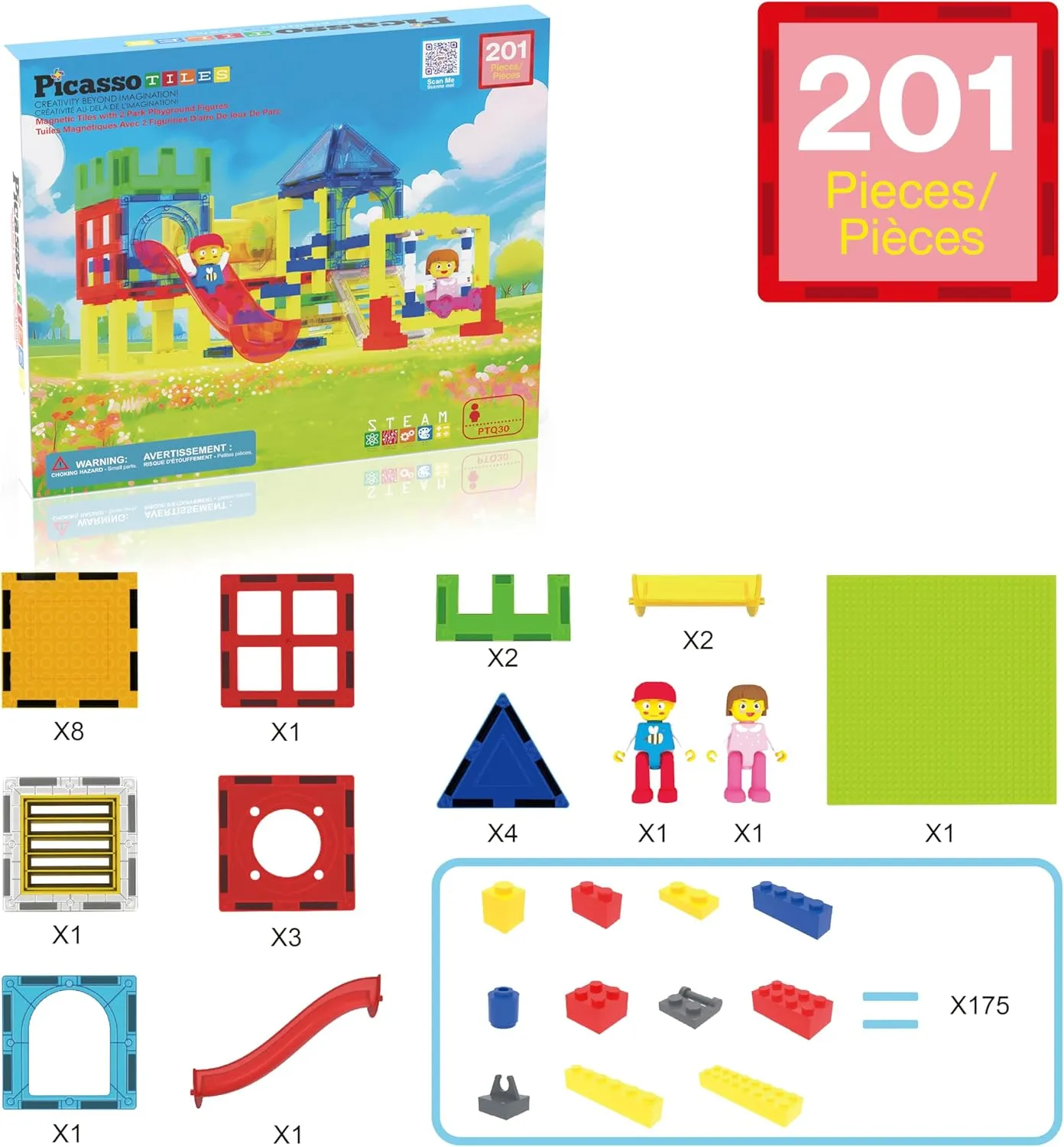 PicassoTiles Magnetic Tiles Slide & Swing Playground Building Block with 2 Character Action Figures Magnet Tile Construction Bricks Sensory Toys STEM Learning Educational Toy Kit Boy Girl Age 3  PTQ30