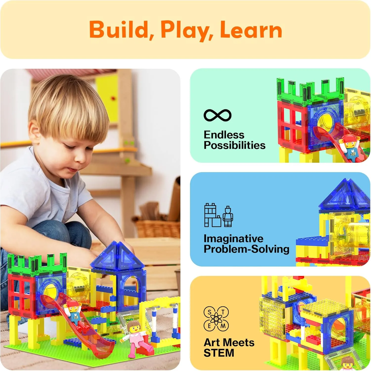PicassoTiles Magnetic Tiles Slide & Swing Playground Building Block with 2 Character Action Figures Magnet Tile Construction Bricks Sensory Toys STEM Learning Educational Toy Kit Boy Girl Age 3  PTQ30