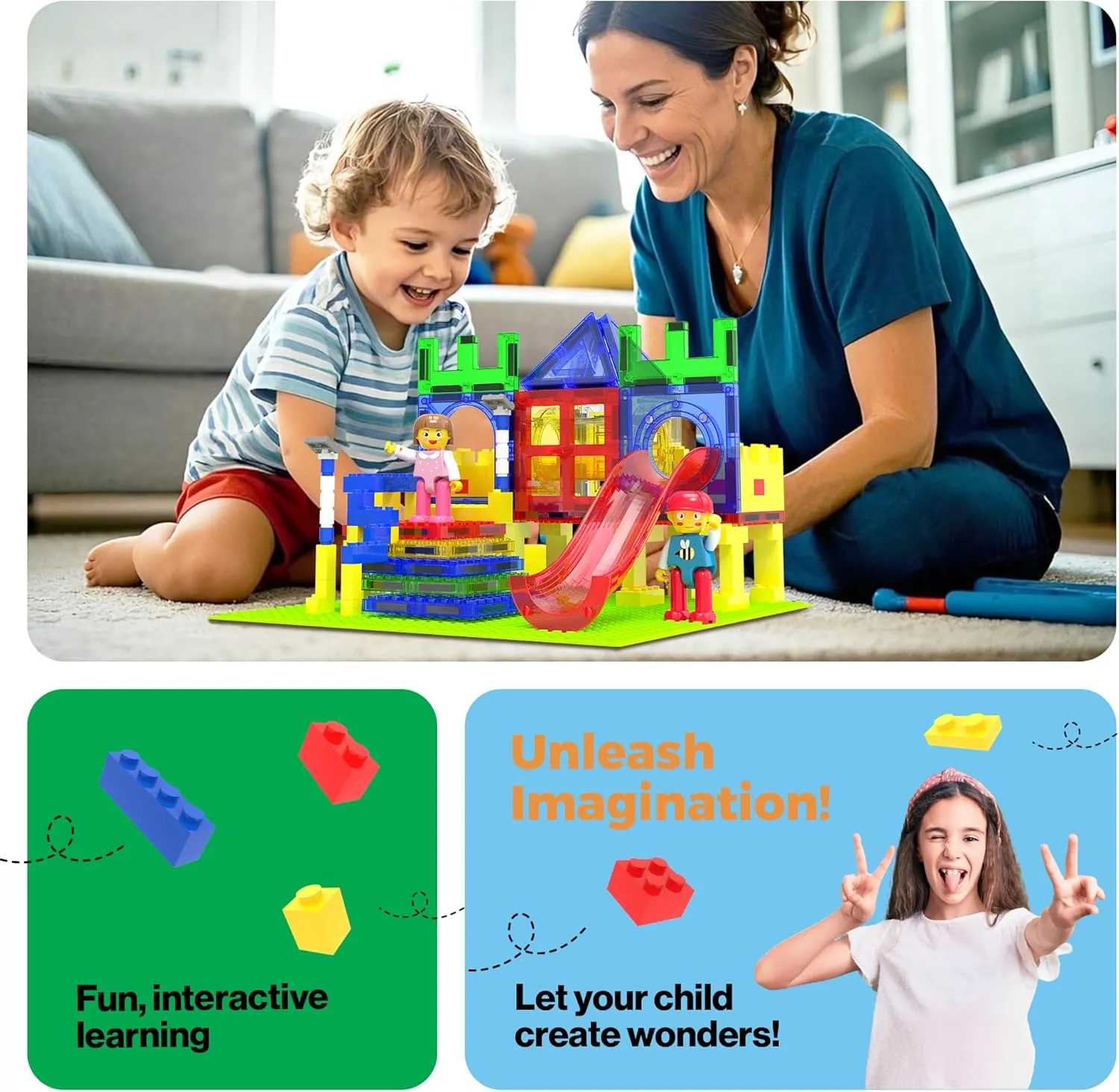 PicassoTiles Magnetic Tiles Slide & Swing Playground Building Block with 2 Character Action Figures Magnet Tile Construction Bricks Sensory Toys STEM Learning Educational Toy Kit Boy Girl Age 3  PTQ30