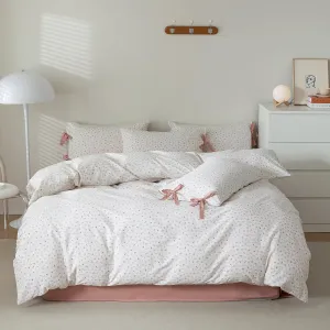 Pink Floral Duvet Cover Queen Cottagecore Bedding Set Queen Vintage Aesthetic Soft Cotton Duvet Cover Set with 2 Bowknot Pillow Shams Little Flower Pattern Cute Girls Garden Comforter Cover