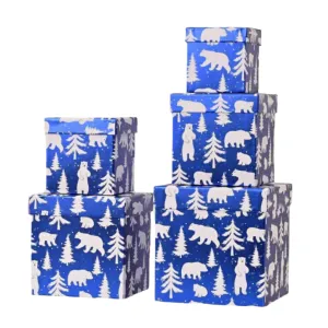 Polar Bear Christmas Tree Metallic Blue Christmas Nesting Gift Box, Set of 5
