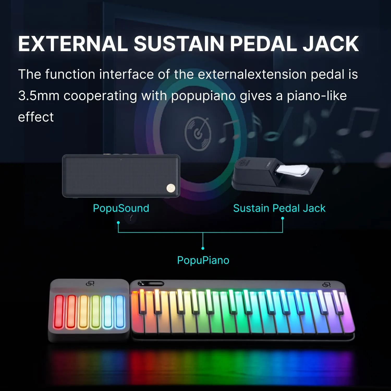 PopuPiano Smart Piano Keyboard with Speaker, Rainbow Lighting Keys, Beginner Lessons, 256 Tones, 100  Chords, MIDI Controller, Sustain Pedal Jack, and Electric Keyboard Piano Audio Input