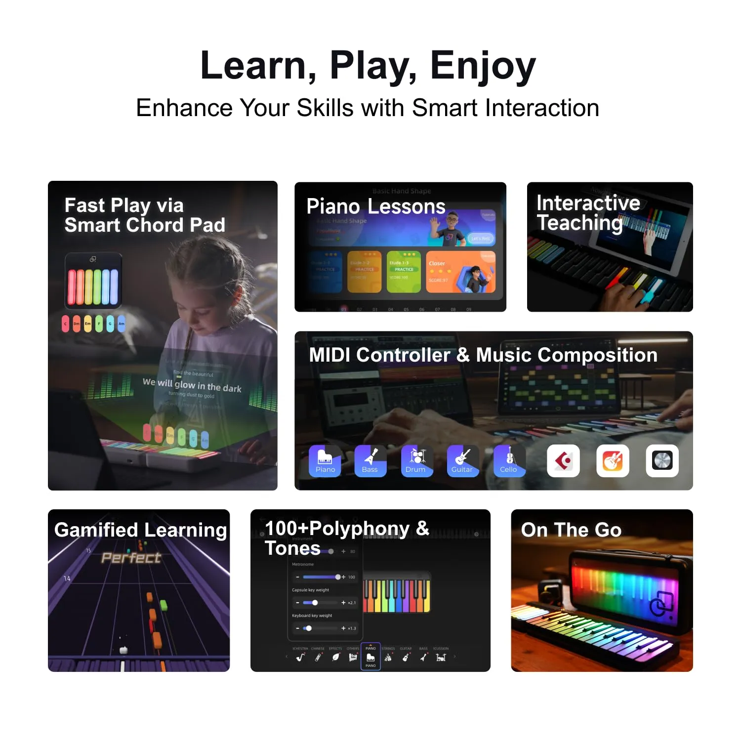 PopuPiano Smart Piano Keyboard with Speaker, Rainbow Lighting Keys, Beginner Lessons, 256 Tones, 100  Chords, MIDI Controller, Sustain Pedal Jack, and Electric Keyboard Piano Audio Input