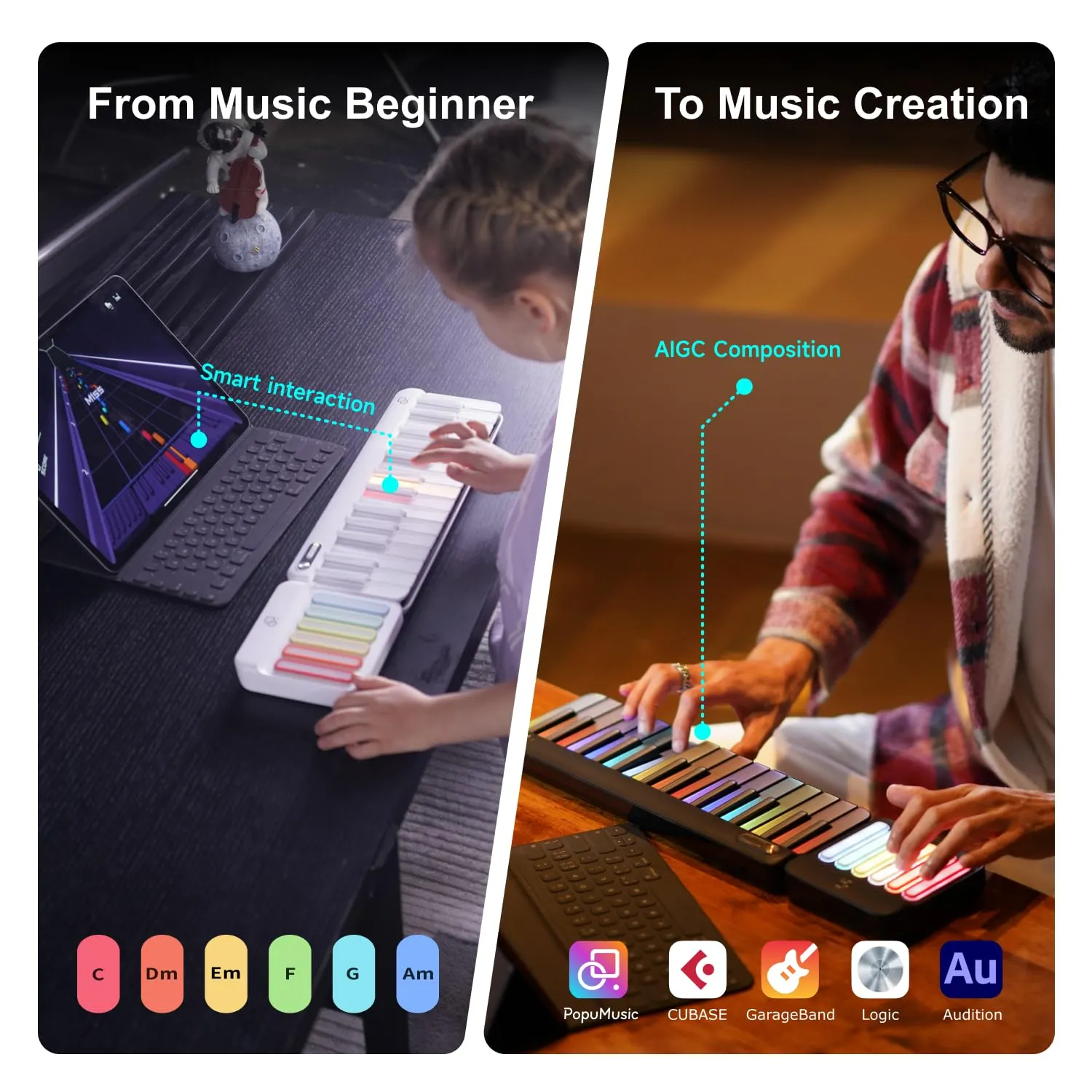 PopuPiano Smart Piano Keyboard with Speaker, Rainbow Lighting Keys, Beginner Lessons, 256 Tones, 100  Chords, MIDI Controller, Sustain Pedal Jack, and Electric Keyboard Piano Audio Input