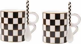 Porlien Checker Porcelain 18-ounce Mug Set of 2 with Teaspoon, Coffee Mugs Tea Cups