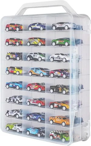 Portable Transparent Double Sided Storage Case - 48 Compartments for Toy Cars, Matchbox Cars, 1:64 Scale Model Cars, with Handle (Case Only)