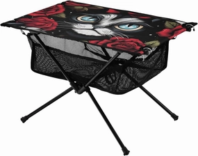 Portable Camping Table Cartoon Cats and Flowers Rose Outdoor Foldable Camp Tables for Outside, Camping, Hiking, Tailgating