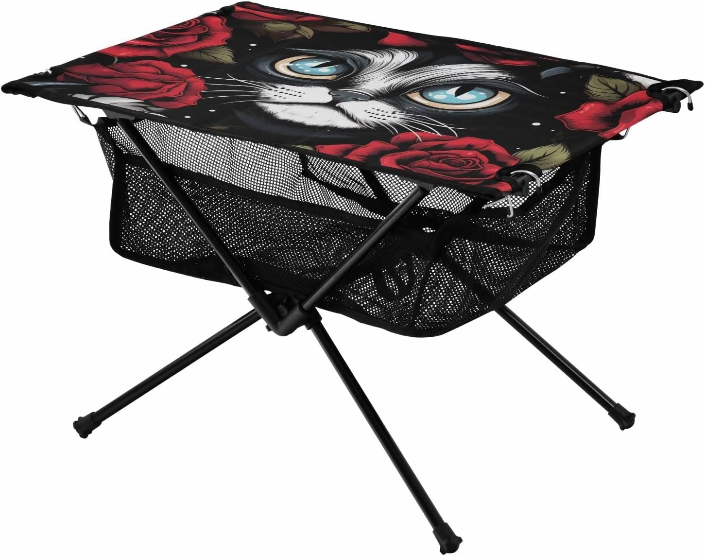 Portable Camping Table Cartoon Cats and Flowers Rose Outdoor Foldable Camp Tables for Outside, Camping, Hiking, Tailgating