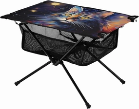 Portable Camping Table Cat and Stars in Space Painting Outdoor Foldable Camp Tables for Outside, Camping, Hiking, Tailgating