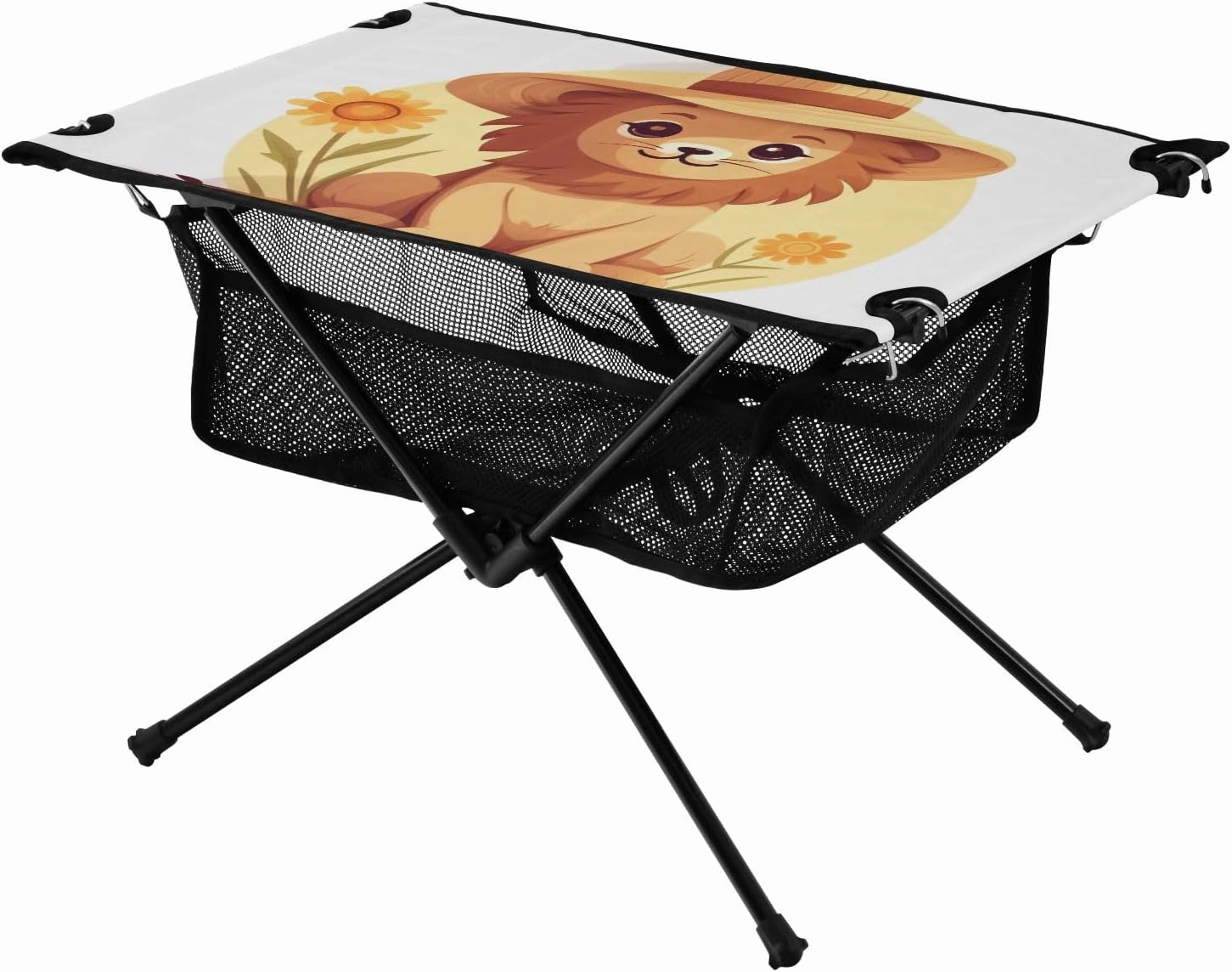 Portable Camping Table Cute Lion with Straw Hat and Flower Outdoor Foldable Camp Tables for Outside, Camping, Hiking, Tailgating