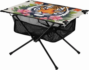 Portable Camping Table Tiger and Circle with Floral Outdoor Foldable Camp Tables for Outside, Camping, Hiking, Tailgating