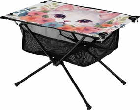 Portable Camping Table White Cat and Flowers Pattern Outdoor Foldable Camp Tables for Outside, Camping, Hiking, Tailgating