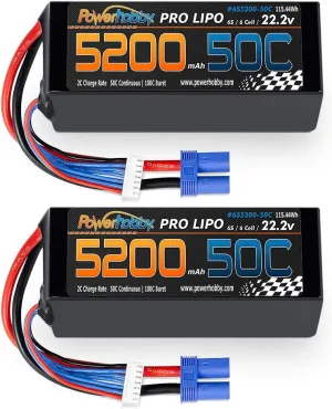 Powerhobby 6S 22.2V 5200mAh 50C Lipo Battery w EC5 Plug 6-Cell (2 Pack) Fits : Helicopter Heli Airplane Car