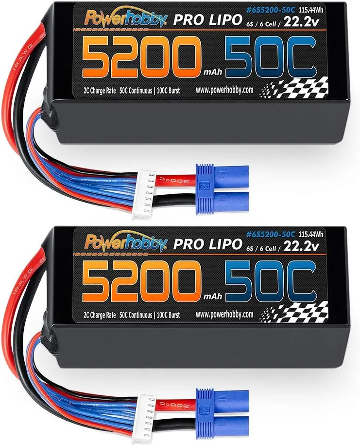 Powerhobby 6S 22.2V 5200mAh 50C Lipo Battery w EC5 Plug 6-Cell (2 Pack) Fits : Helicopter Heli Airplane Car