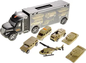 PowerTRC 7 in 1 Military Truck Army Vehicle Models Car Toys, Mini Battle Army Toy, Tank, Humvee, Helicopter Playset Gift for Kids Military Toy Carrier for Kids Boys Ages 3 4 5 6 7 