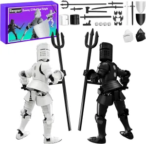 (Pre-Assembled) Dummy 13 Robot Action Figure in Armor, T13 Fifth Generation Medieval Knight with Weapons and Shields, Full Body Activity Robot, Magnetic Figures Desk Toys (Black White)