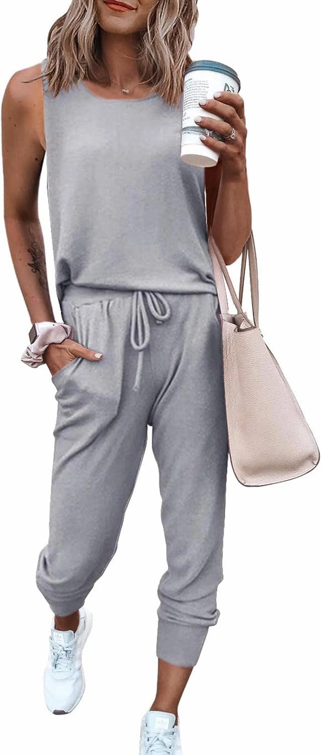 PRETTYGARDEN Women's Two Piece Outfit Sets Casual Summer Sleeveless Crewneck Tops and Sweatpants Active Tracksuit Lounge Wear