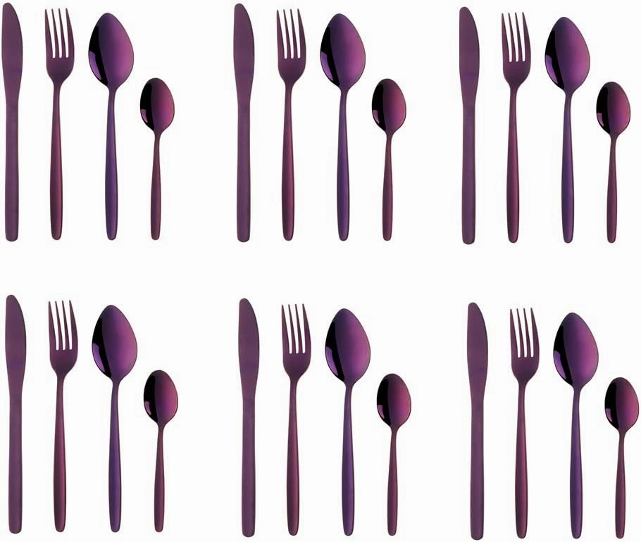 Purple Silverware Set, BuyGo 24-Piece Stainless Steel Camping Flatware Dinnerware Set for 6, Hand Polish, Dishwasher Safe