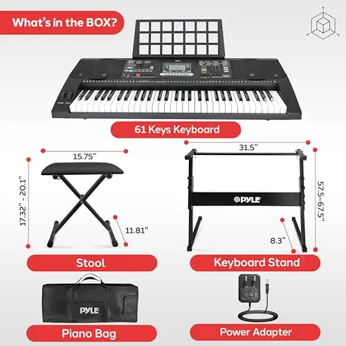 Pyle, Digital Musical Karaoke Portable Electronic Piano Includes Water-Resistant Case Bag Stool &amp; Keyboard Stand (61 Keys), Stadard (PKBRD6151PB)