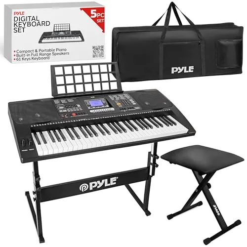 Pyle, Digital Musical Karaoke Portable Electronic Piano Includes Water-Resistant Case Bag Stool &amp; Keyboard Stand (61 Keys), Stadard (PKBRD6151PB)