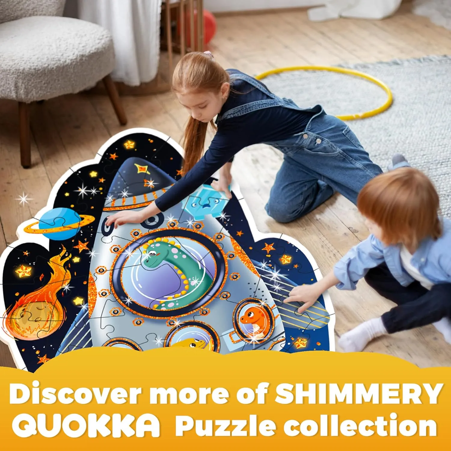 QUOKKA Glitter Floor Puzzles for Kids Ages 3-5 - 2x3 Feet 48 Piece Puzzles for Toddlers 2-4 - Shaped Large Giant Educational Toddler Puzzles Ages 24  Months - Space Rocket Toy Game for Boys and Girls
