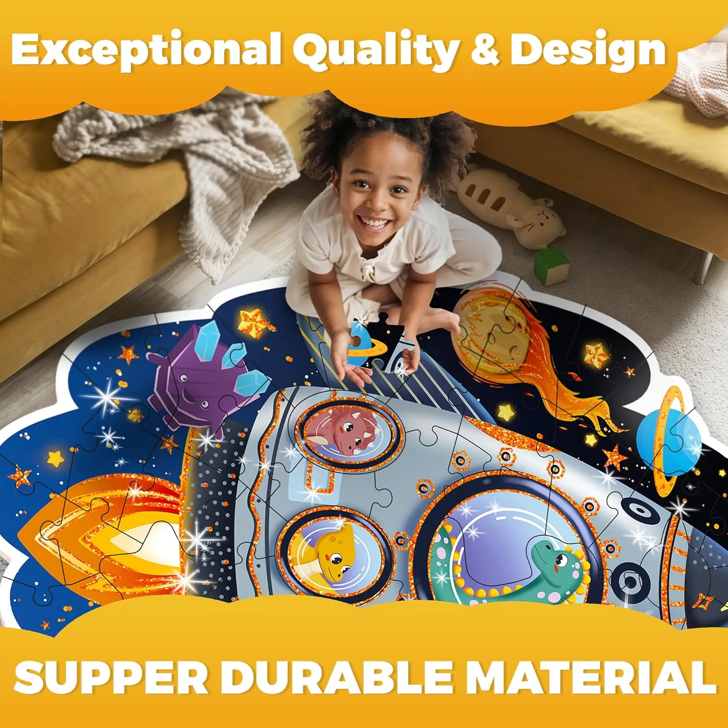 QUOKKA Glitter Floor Puzzles for Kids Ages 3-5 - 2x3 Feet 48 Piece Puzzles for Toddlers 2-4 - Shaped Large Giant Educational Toddler Puzzles Ages 24  Months - Space Rocket Toy Game for Boys and Girls