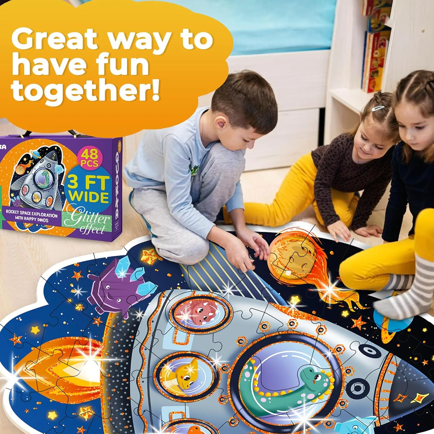 QUOKKA Glitter Floor Puzzles for Kids Ages 3-5 - 2x3 Feet 48 Piece Puzzles for Toddlers 2-4 - Shaped Large Giant Educational Toddler Puzzles Ages 24  Months - Space Rocket Toy Game for Boys and Girls