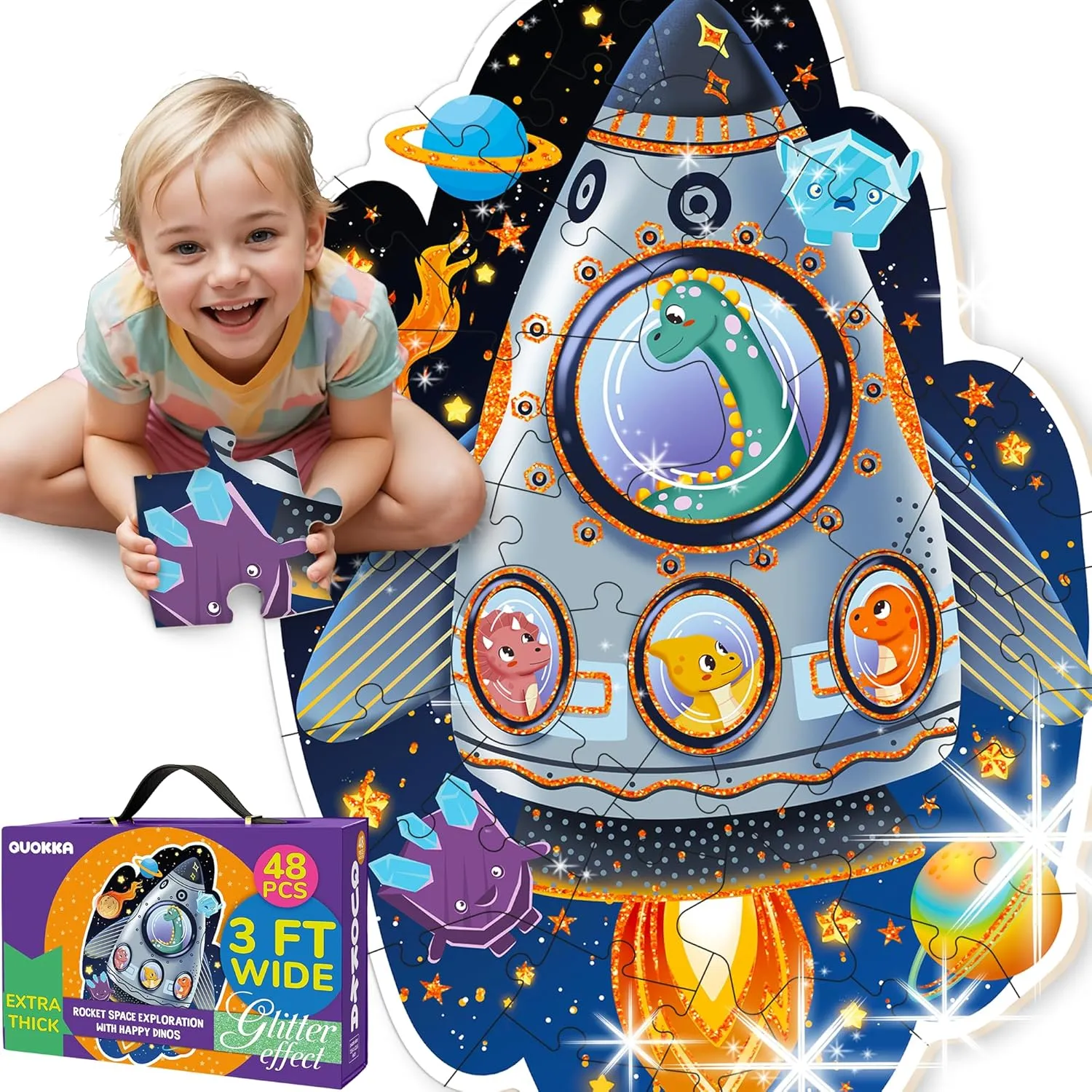 QUOKKA Glitter Floor Puzzles for Kids Ages 3-5 - 2x3 Feet 48 Piece Puzzles for Toddlers 2-4 - Shaped Large Giant Educational Toddler Puzzles Ages 24  Months - Space Rocket Toy Game for Boys and Girls