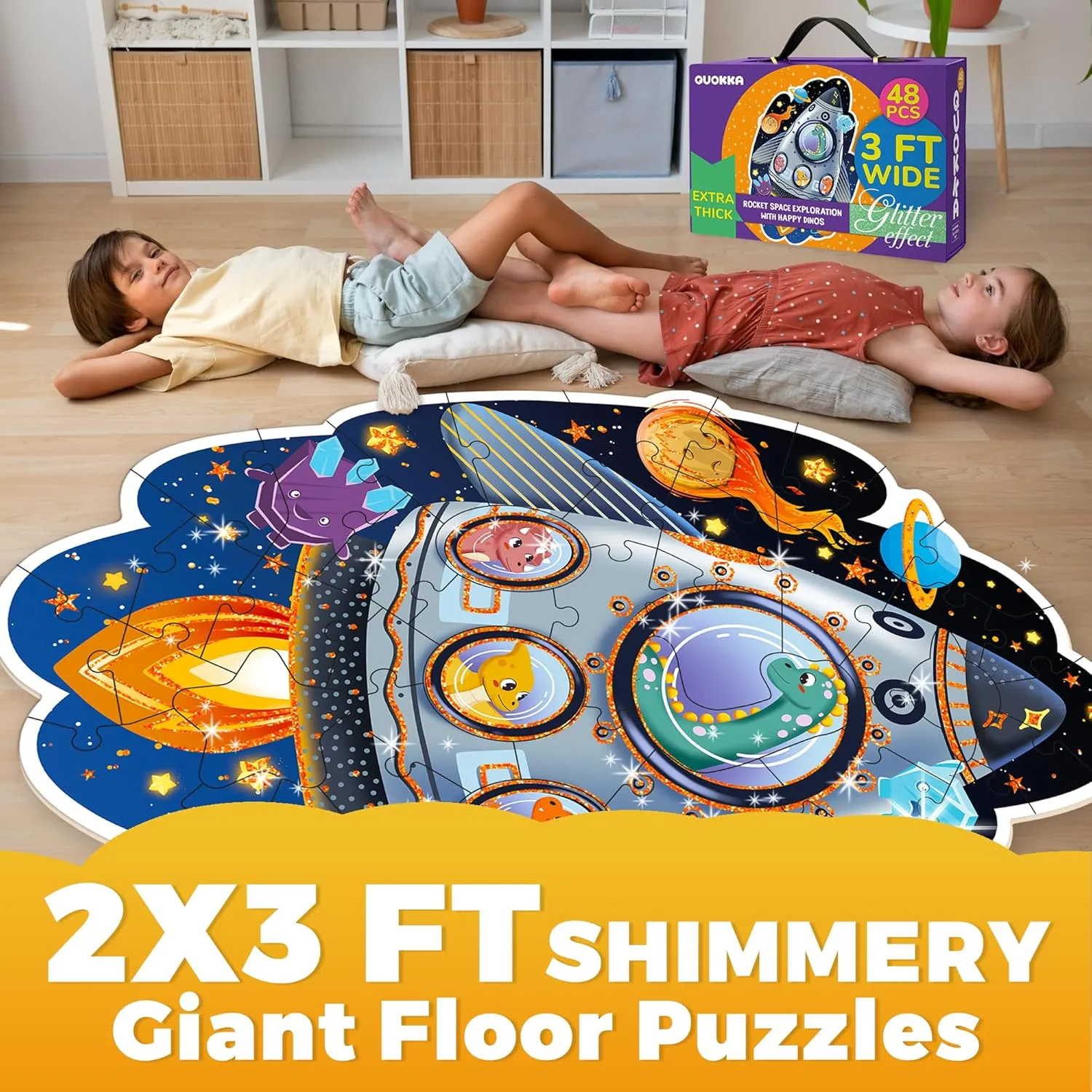 QUOKKA Glitter Floor Puzzles for Kids Ages 3-5 - 2x3 Feet 48 Piece Puzzles for Toddlers 2-4 - Shaped Large Giant Educational Toddler Puzzles Ages 24  Months - Space Rocket Toy Game for Boys and Girls