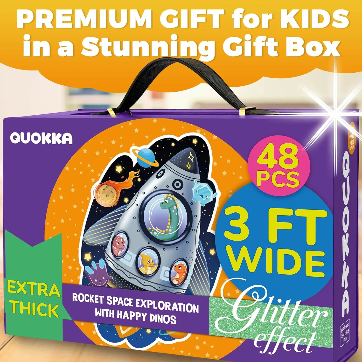 QUOKKA Glitter Floor Puzzles for Kids Ages 3-5 - 2x3 Feet 48 Piece Puzzles for Toddlers 2-4 - Shaped Large Giant Educational Toddler Puzzles Ages 24  Months - Space Rocket Toy Game for Boys and Girls
