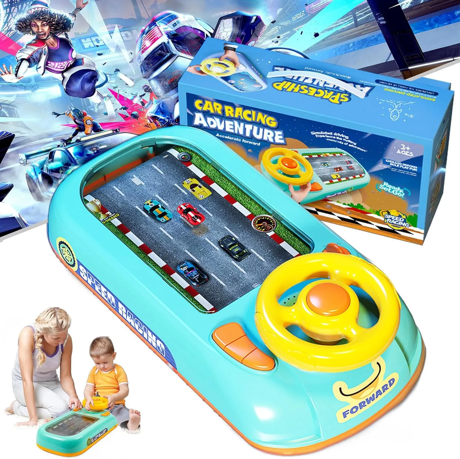 Racing Adventure Car Steering Wheel, Car Racing Adventure Toy with Steering Wheel, Racing Car Steering Wheel Toy, Musical Steering Wheel Toys for Boys 4-6 (Track)